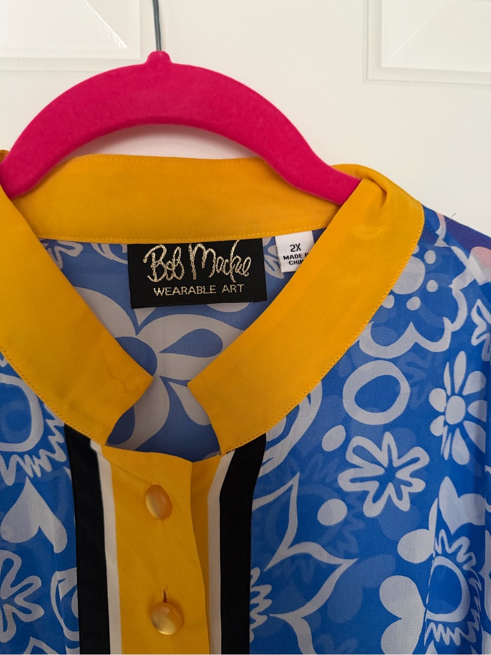 Bob Mackie Wearable Art Blue Floral Semi Sheer Button Front Top with Yellow Trim - Picture 3 of 5